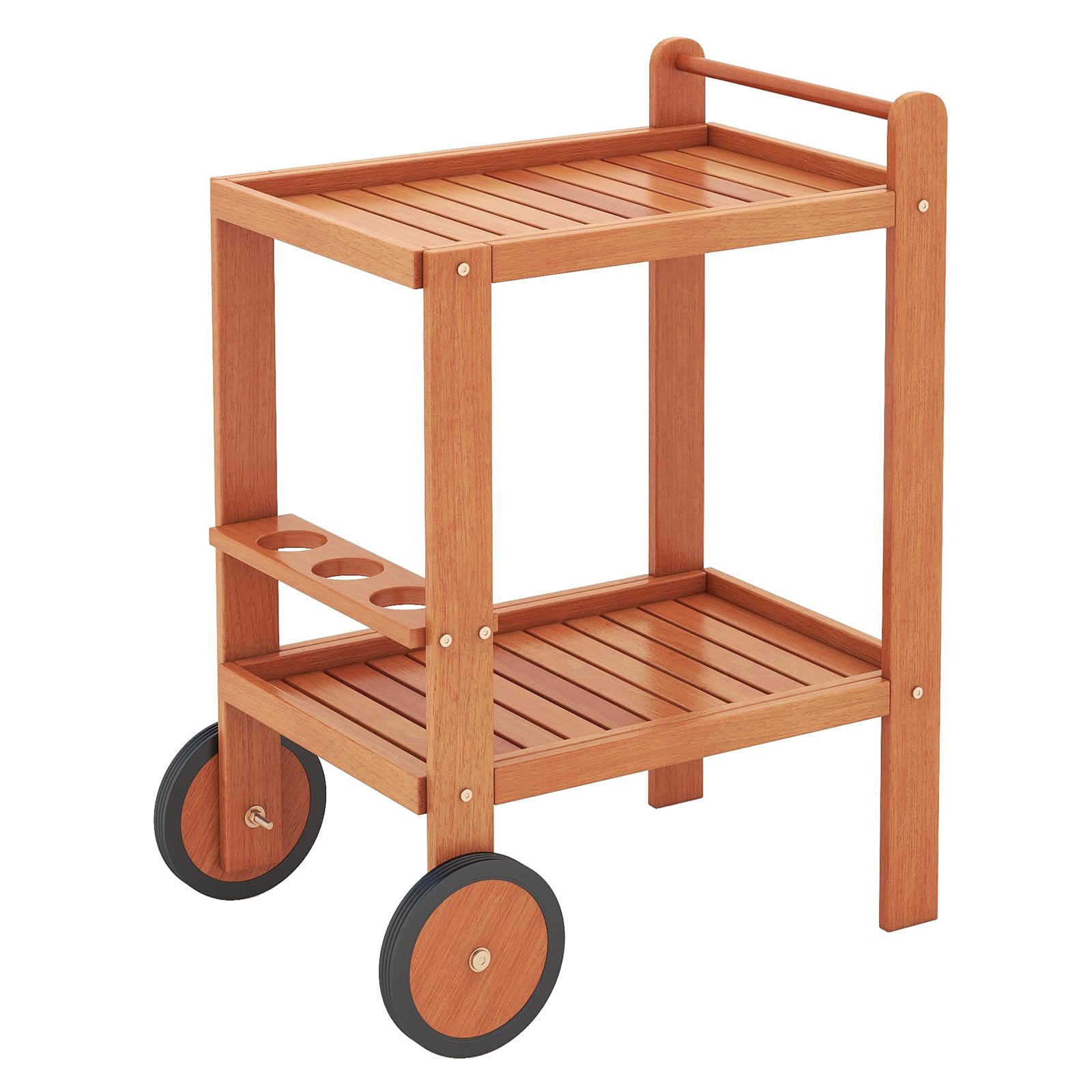 Giantex Wood Bar Cart, 2 Tier Side Table with Large Wheels & Wine Bottle Rack