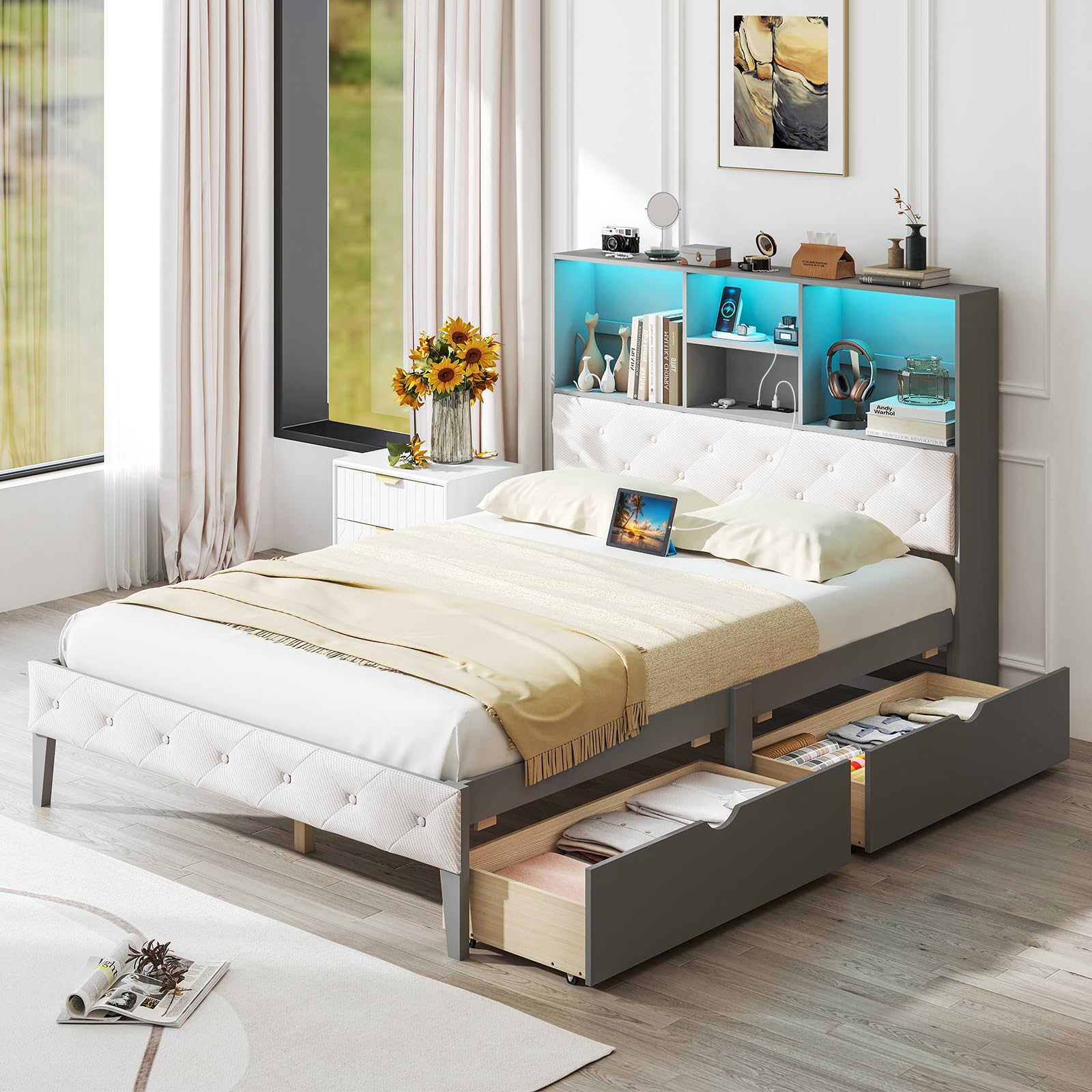 Giantex Gray Full Size Bed Frame with Upholstered Bookcase Headboard