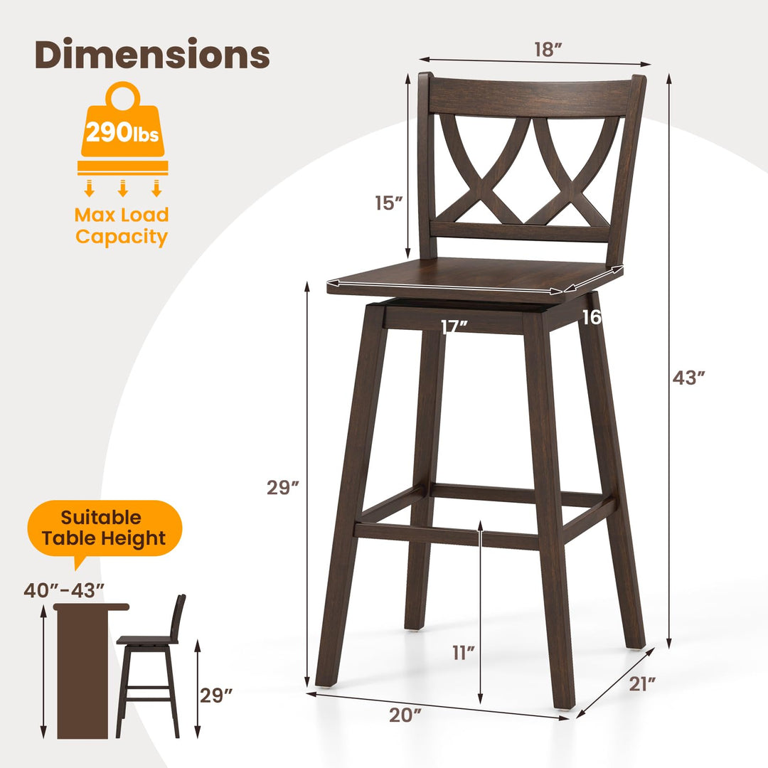 Giantex 29" Bar Stools Set of 2/4, Swivel Wooden Bar Chairs with Rubber Wood Frame, for Kitchen Island, Restaurant & Pub, Dark Grey
