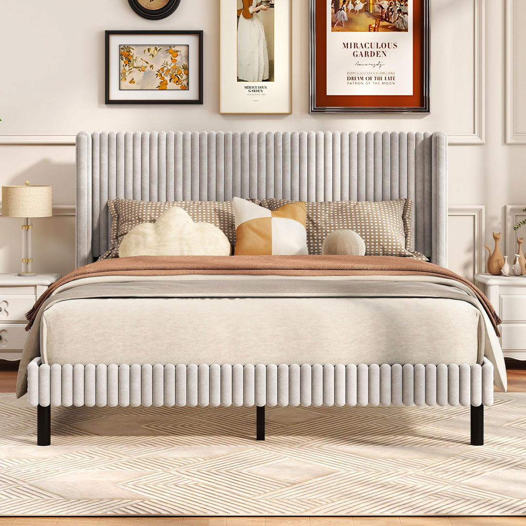 Giantex Queen Velvet Bed Frame Upholstered Platform Bed with Vertical Tufted Wingback Headboard