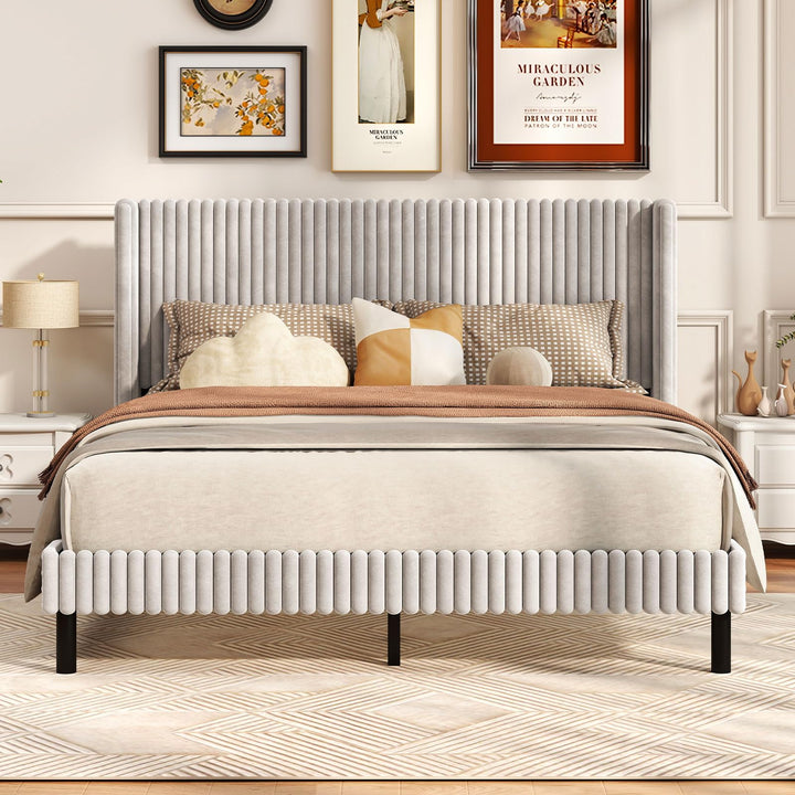 Giantex Queen Velvet Bed Frame Upholstered Platform Bed with Vertical Tufted Wingback Headboard