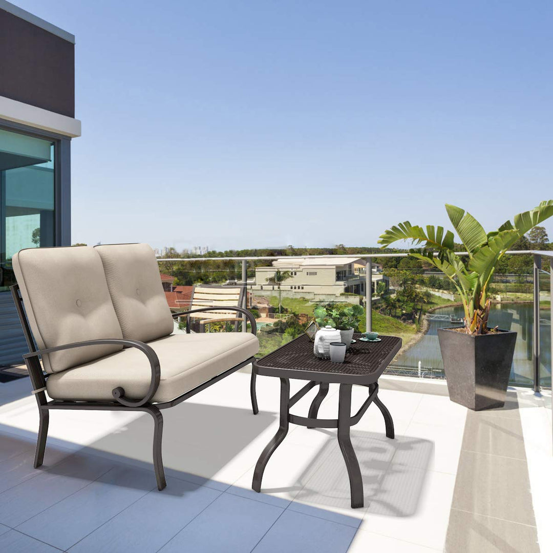 2 Pcs Patio Loveseat with Coffee Table Outdoor Bench with Cushion and Metal Frame