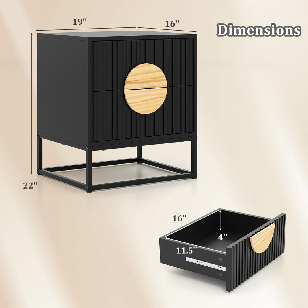 Giantex Fluted Nightstand with 2 Drawers with Natural Circle Handle & Metal Frame
