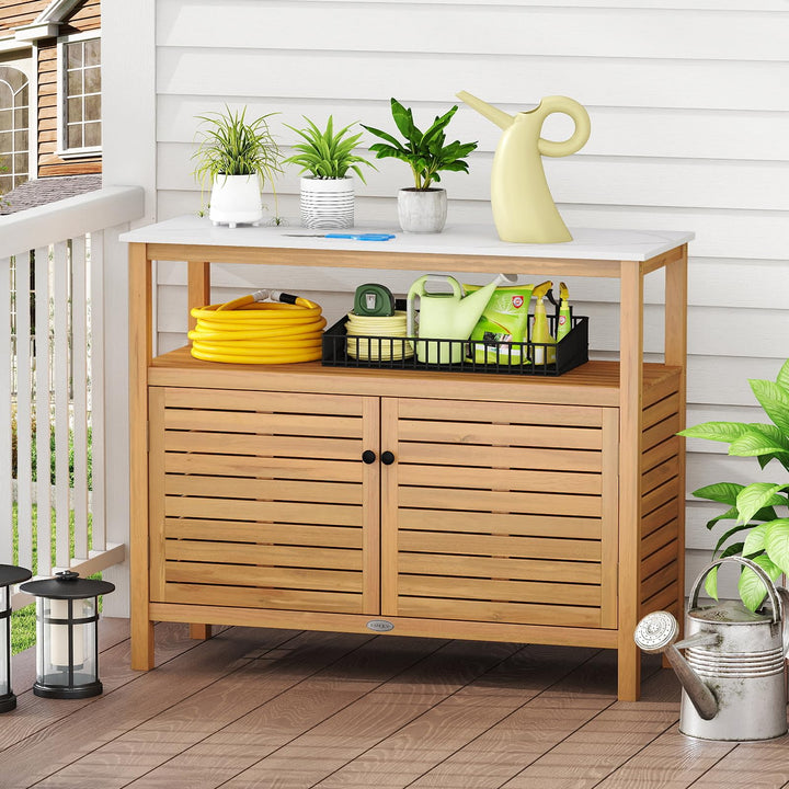 Giantex Outdoor Potting Bench Acacia Wood Large Planting Workstation with 2-Door Storage Cabinet