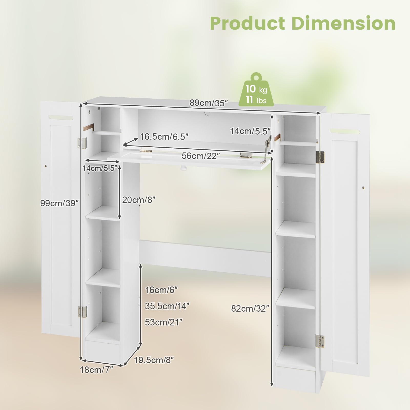 Over-The-Toilet Rack Bathroom Shelf Storage Cabinet Wooden Drop Door Freestanding Spacesaver Improvements, White