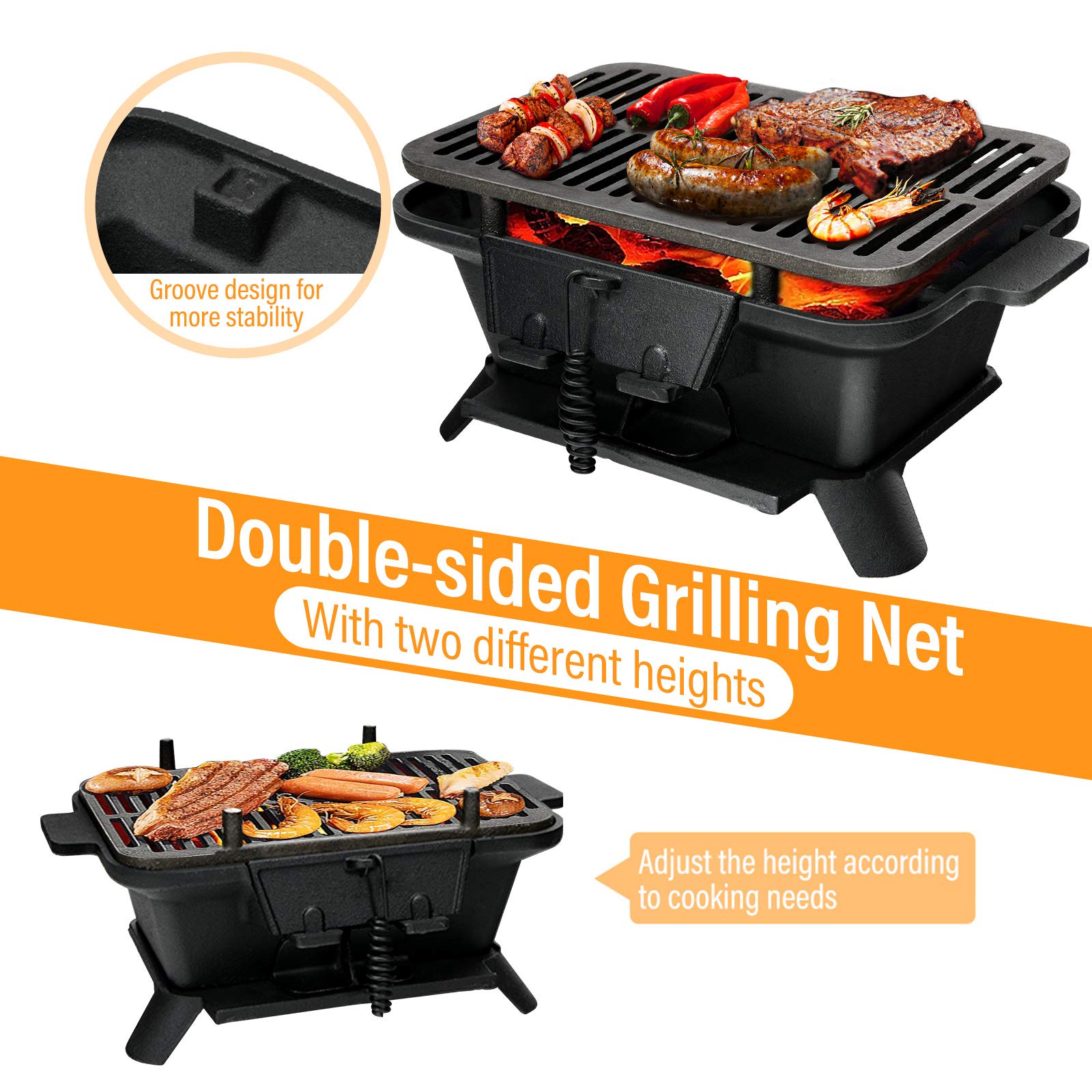 Portable Cast Iron Grill with Double-sided Grilling Net