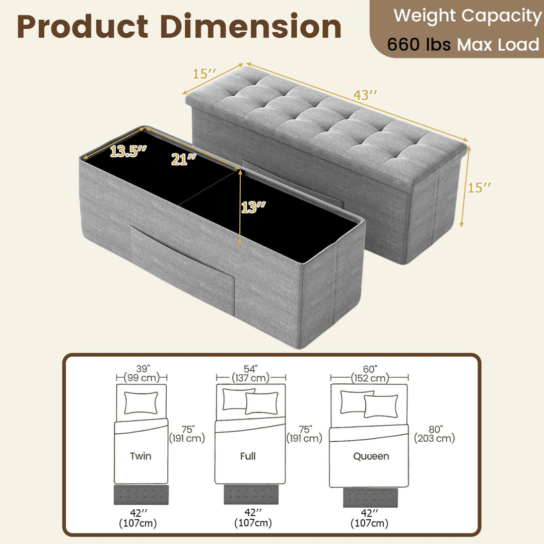 Giantex 43 Inches Folding Storage Ottoman Bench Upholstered Storage Chest with Side Pocket