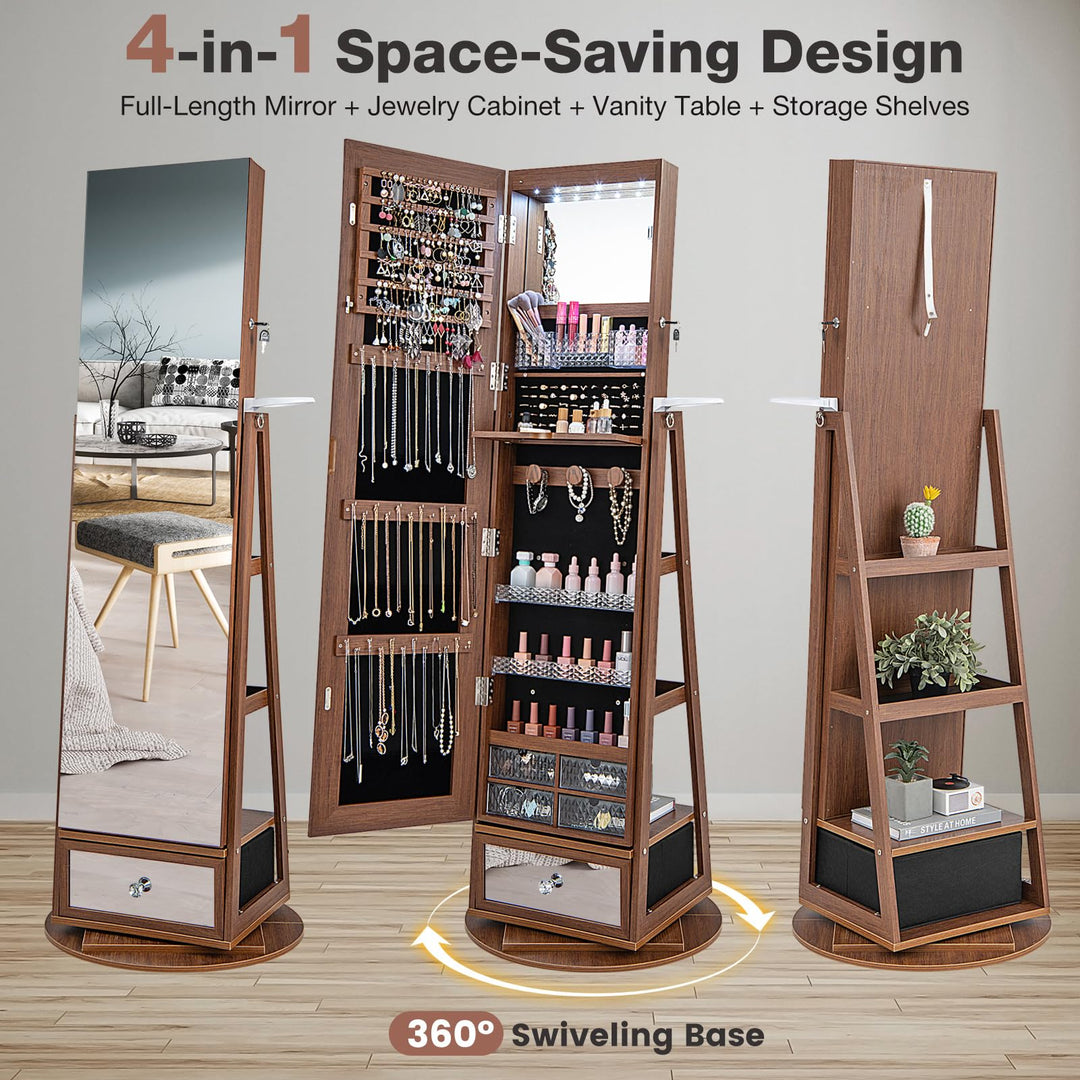360° Swivel Jewelry Cabinet Armoire with 64.5" H Full Length Mirror - Giantex
