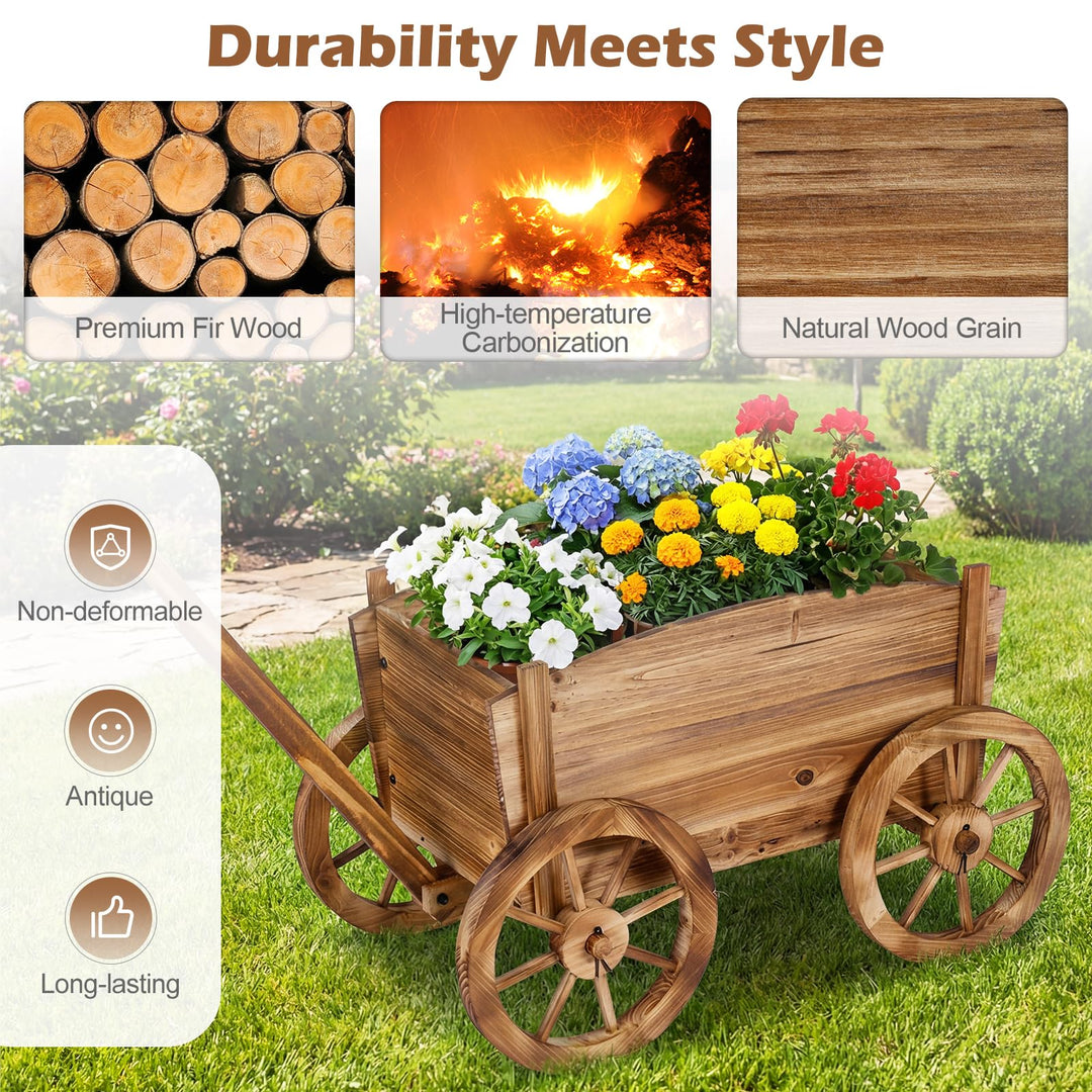 Giantex Wood Wagon Planter Rustic Rolling Flower Pot Stand