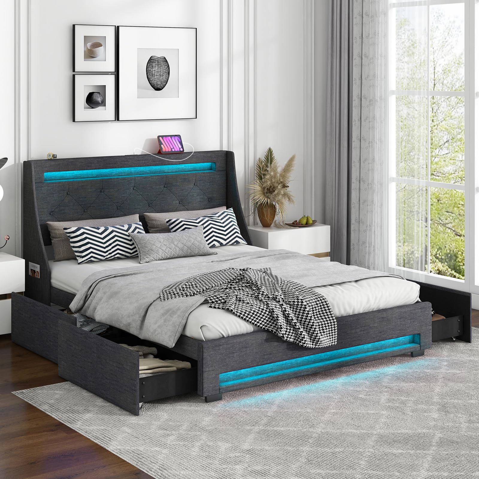 Giantex Full Size Bed Frame with LED Lights & Charging Station, Upholstered Platform Bed with Wingback Headboard