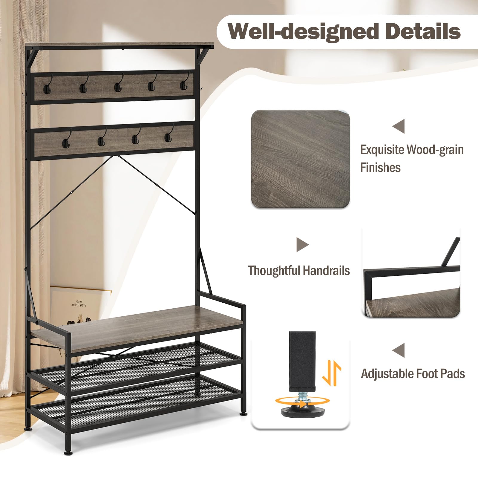 Giantex Freestanding Hall Tree with Shoe Storage Rack and 11 Hanging Hooks