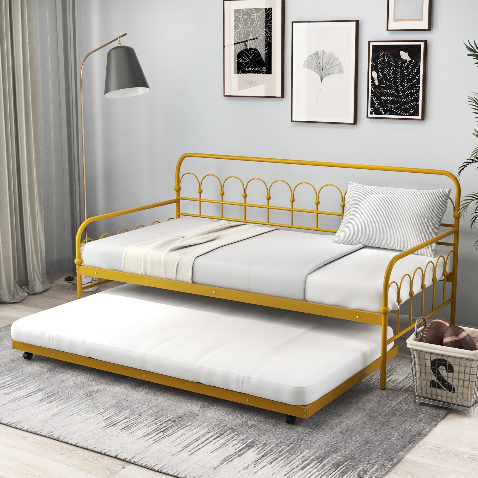 Giantex Twin Daybed with Trundle Gold, Metal Day Bed with Convenient Pull-Out Trundle Bed