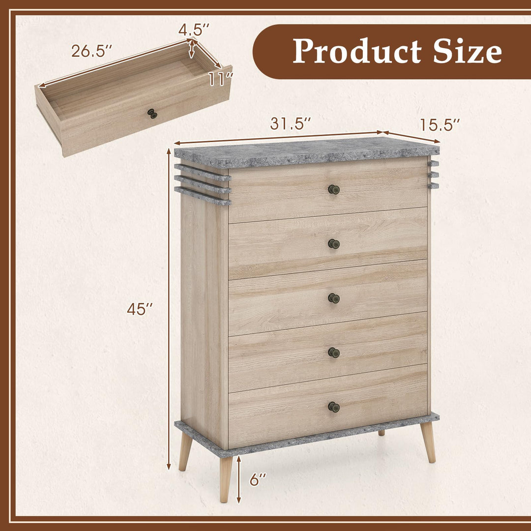 Giantex 5-Drawer Storage Cabinet with Rubber Wood Legs