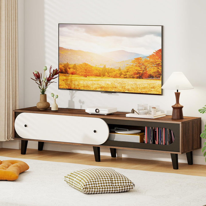 Giantex TV Stand for 80 Inch TVs Mid Century Modern Entertainment Center with Sliding Door Cabinet