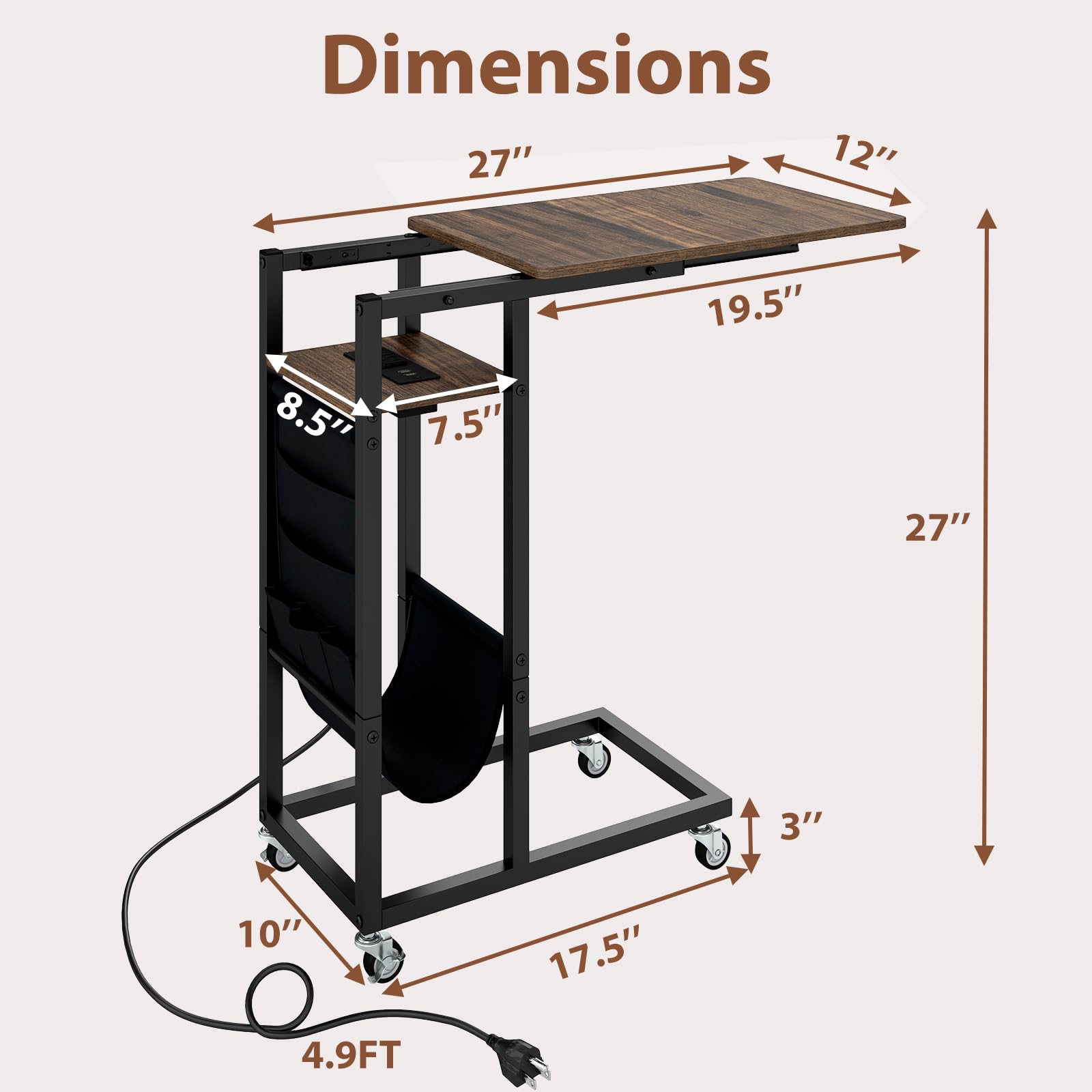 Giantex C Shaped End Table with Charging Station and Wheels