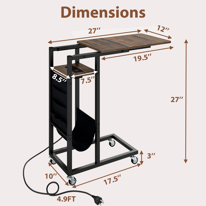 Giantex C Shaped End Table with Charging Station and Wheels