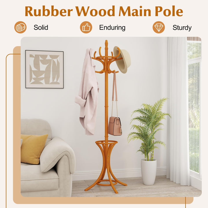 Giantex Solid Wood Coat Rack, Freestanding Hall Tree w/12 Hooks, Umbrella Holder, Entryway Hanger Stand for Coat