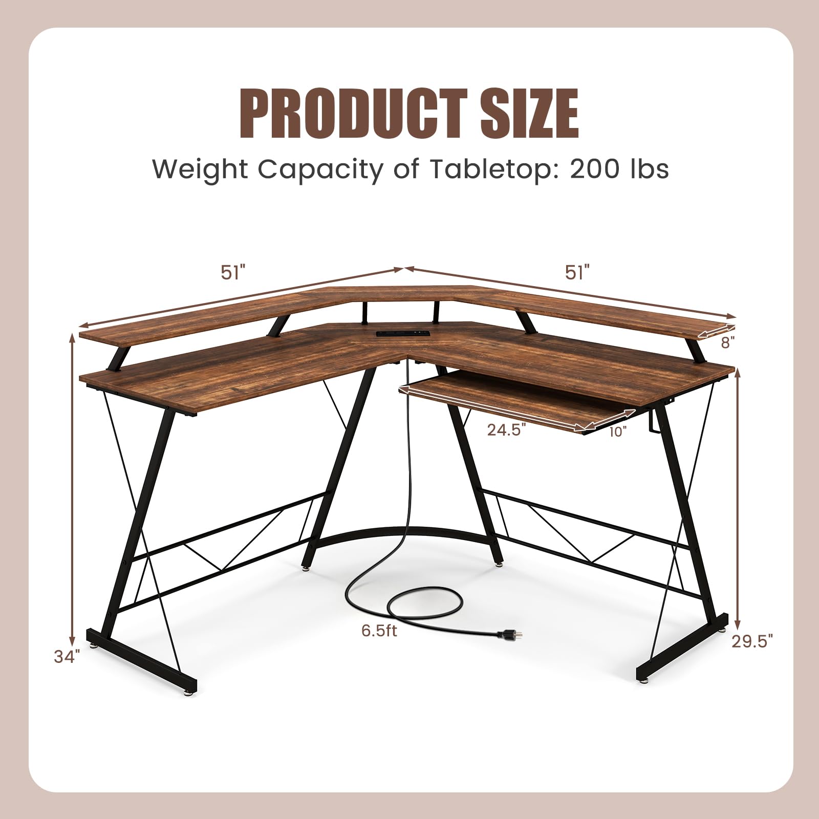 Giantex L Shaped Computer Desk with Power Outlet, 51" Corner Computer Desk with Monitor Stand and Reversible Keyboard Tray