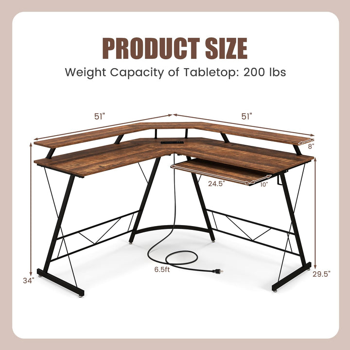 Giantex L Shaped Computer Desk with Power Outlet, 51" Corner Computer Desk with Monitor Stand and Reversible Keyboard Tray