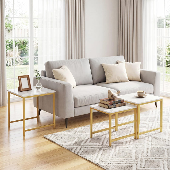Giantex Nesting Coffee Table Set of 3 | Faux Marble Coffee Table with Metal Frame