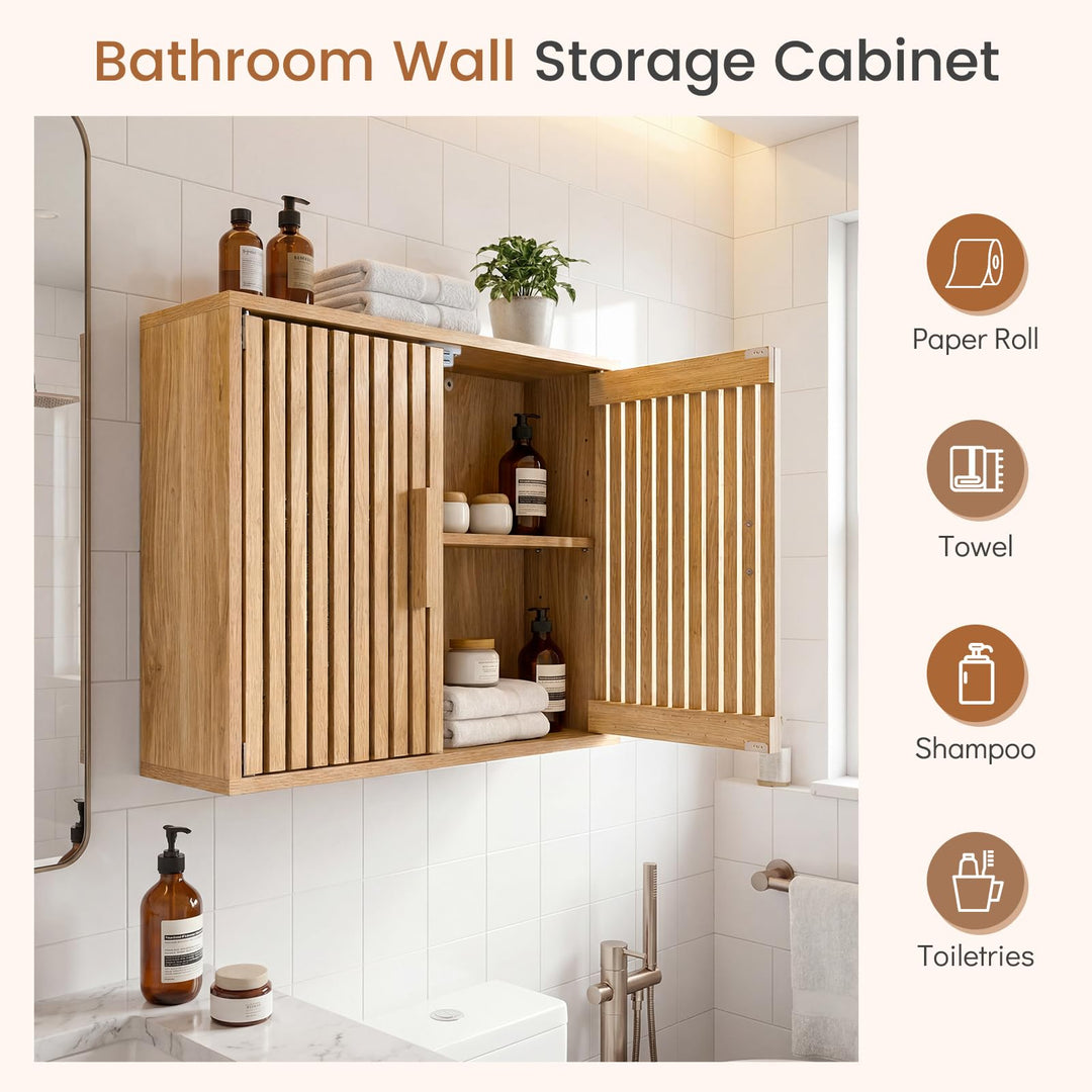 Giantex Wall Mounted Wooden Medicine Cabinet with 2 Slatted Doors