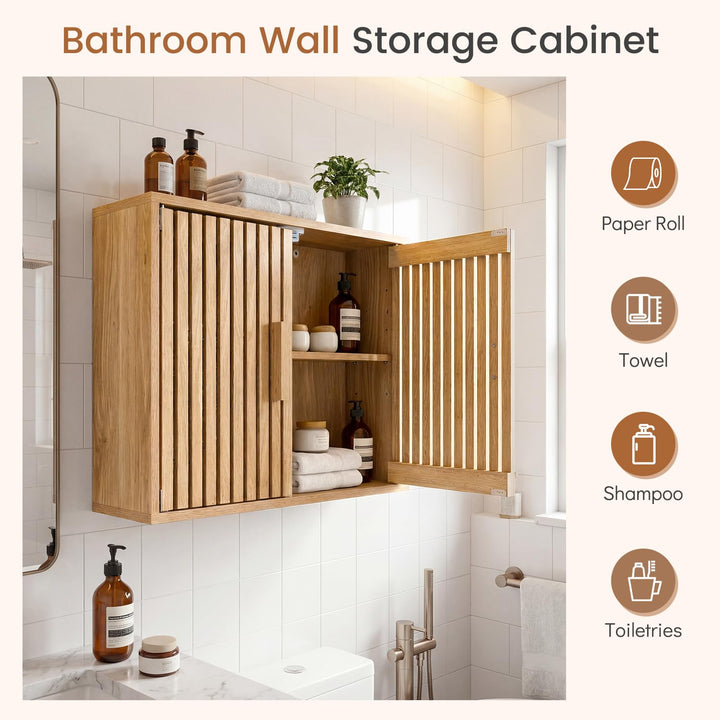 Giantex Wall Mounted Wooden Medicine Cabinet with 2 Slatted Doors