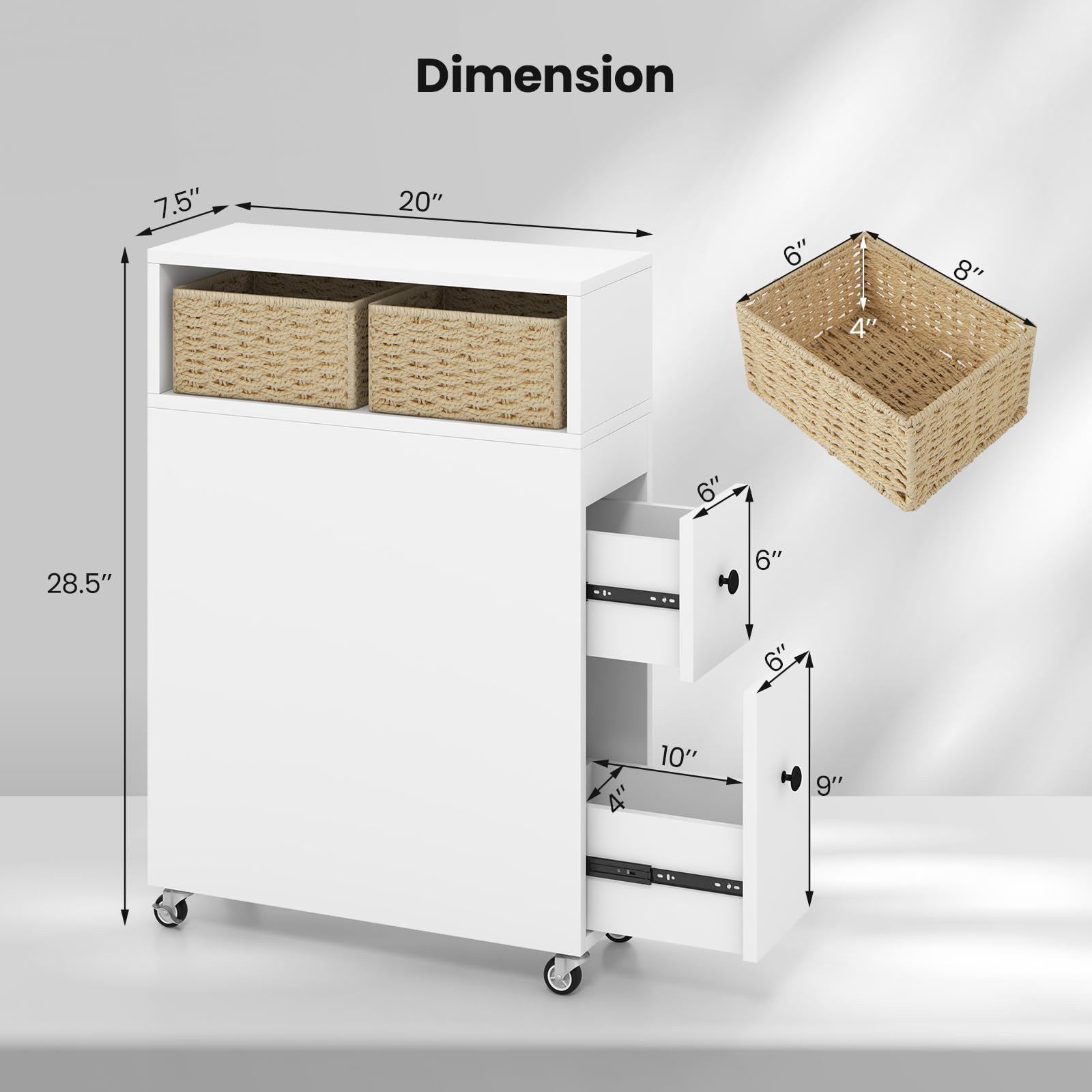 Giantex Small Bathroom Storage Cabinet - Slim Bathroom Organizer with Wheels, 2 Drawers, 2 Baskets