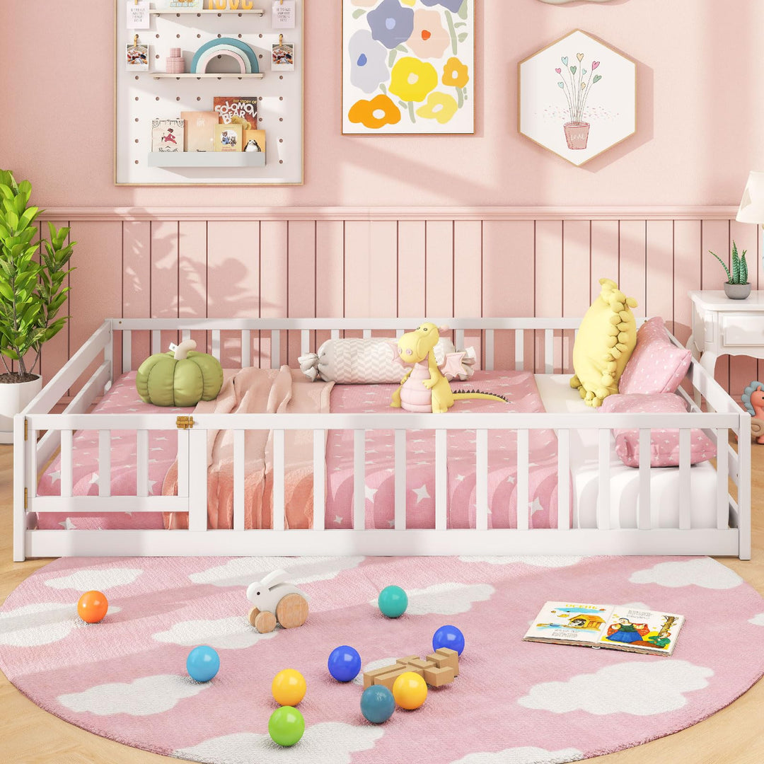 Giantex Floor Bed with Door & Fence Kids Wood Montessori Beds with Safety Guardrails