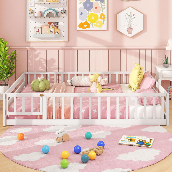 Giantex Floor Bed with Door & Fence Kids Wood Montessori Beds with Safety Guardrails