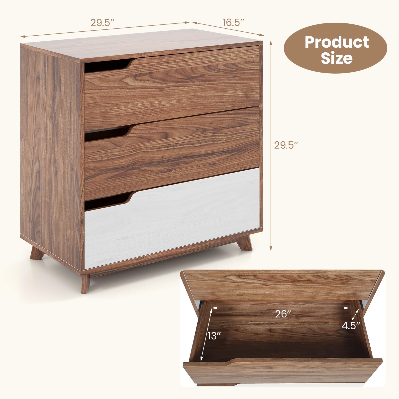 Giantex 3-Drawer Dresser for Bedroom - Small Chest of Drawers, Rustic Farmhouse Storage Cabinet, Walnut & White