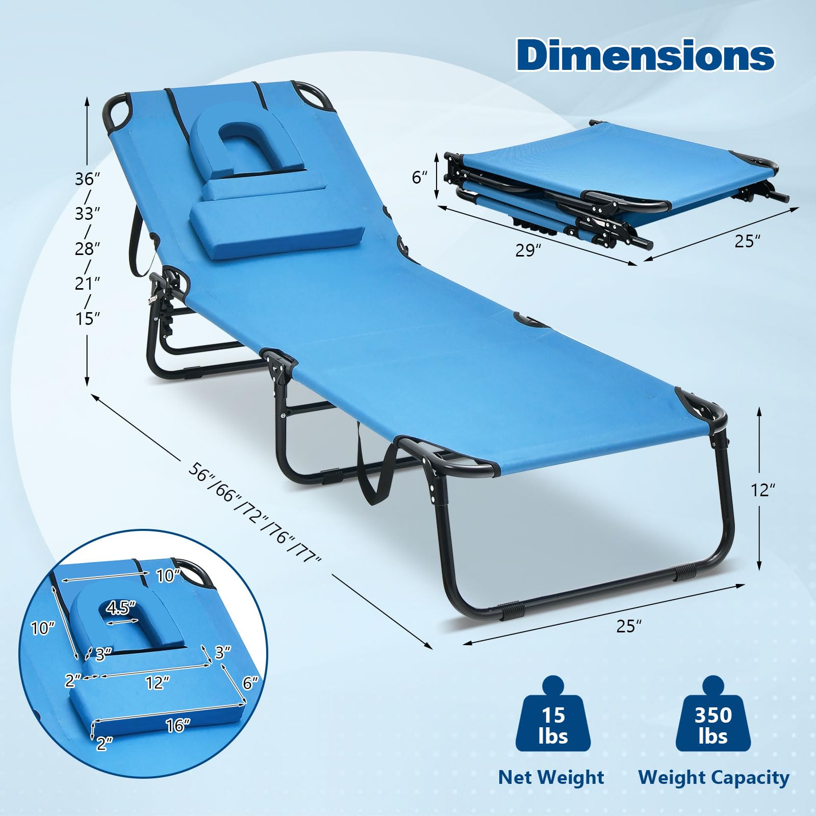 Giantex Folding Beach Tanning Chair - Adjustable Patio Lounge Chair w/Face Hole, Removable Pillows, Carry Strap