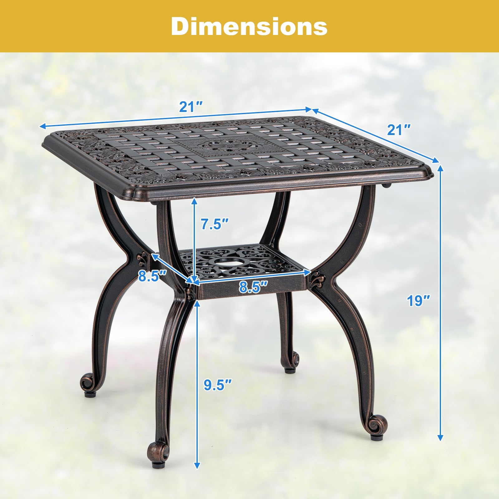Giantex 21” Patio Bistro Table, Cast Aluminum Outdoor Side Table with Storage Shelf