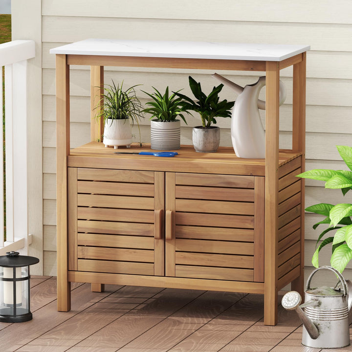 Giantex Outdoor Potting Bench with 2 Door Storage Cabinet