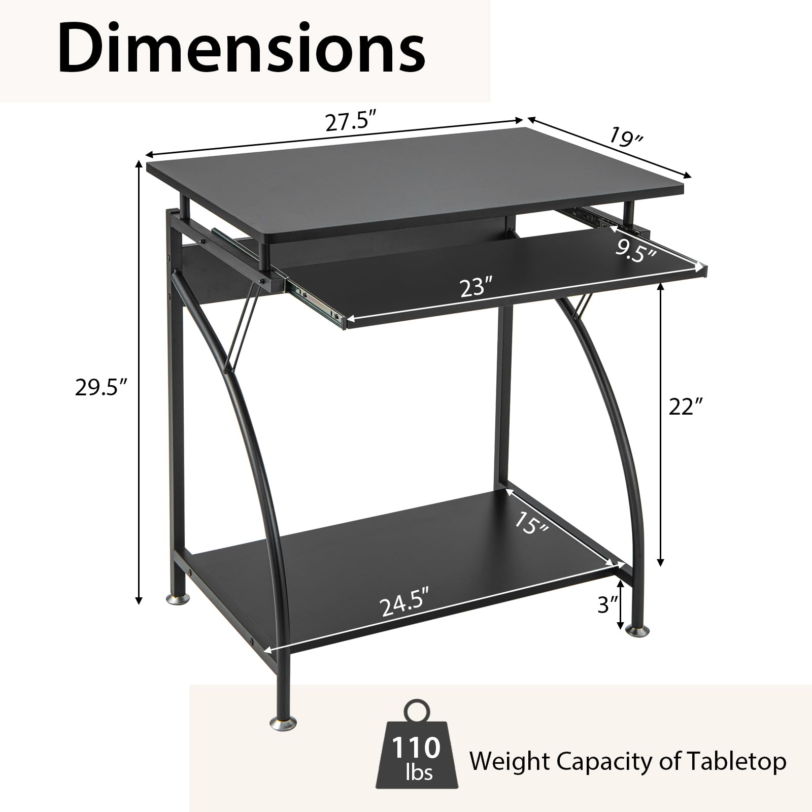 Giantex Computer Desk for Small Spaces, 27.5" Laptop Table with Pull-Out Keyboard Tray & Bottom Storage Shelf