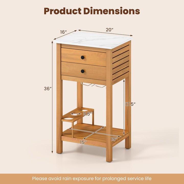 Giantex Acacia Wood Outdoor Side Table with Faux Marble Countertop, 2 Drawers