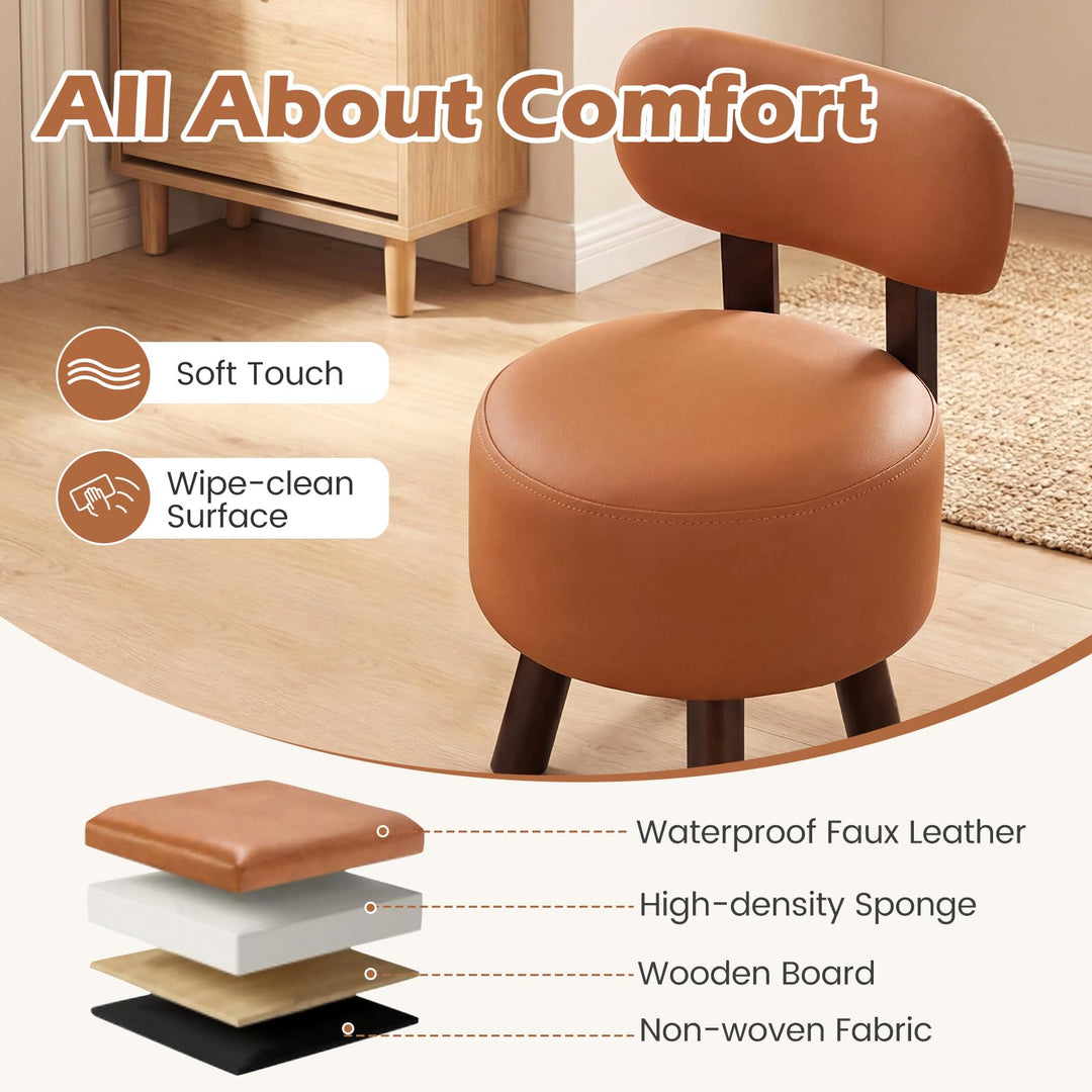 Giantex Round Small Footrest Stools Set of 2 with Backrest &amp; Rubber Wood Legs