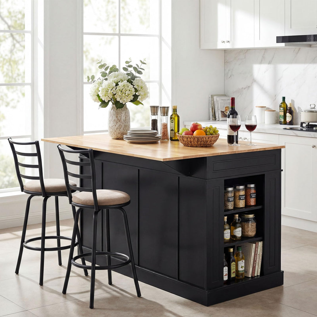 Giantex Kitchen Island with Drop Leaf, Rubber Wood Top, 2 Drawers, Storage Cabinets