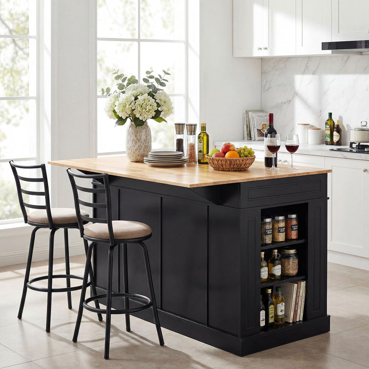 Giantex Kitchen Island with Drop Leaf, Rubber Wood Top, 2 Drawers, Storage Cabinets