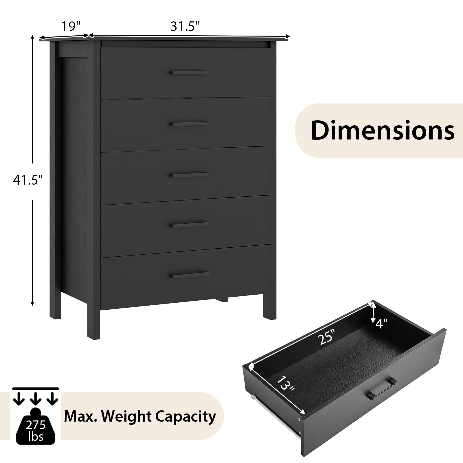 Giantex 5-Drawer Dresser for Bedroom, 41.5" Storage Cabinet with 5 Drawers