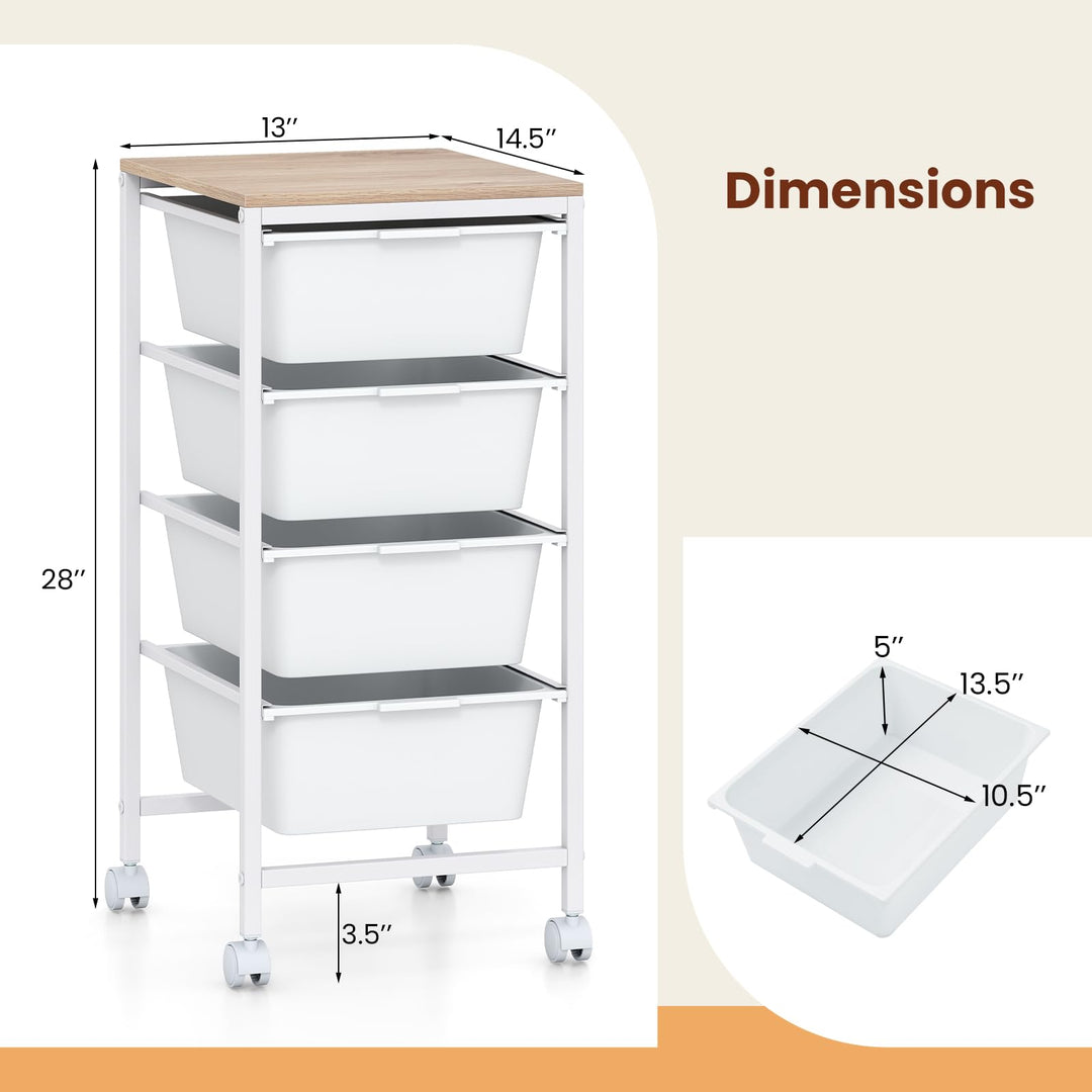 Giantex 4-Drawer Rolling Storage Cart Mobile Utility Organizer with Wooden Tabletop and Lockable Wheels