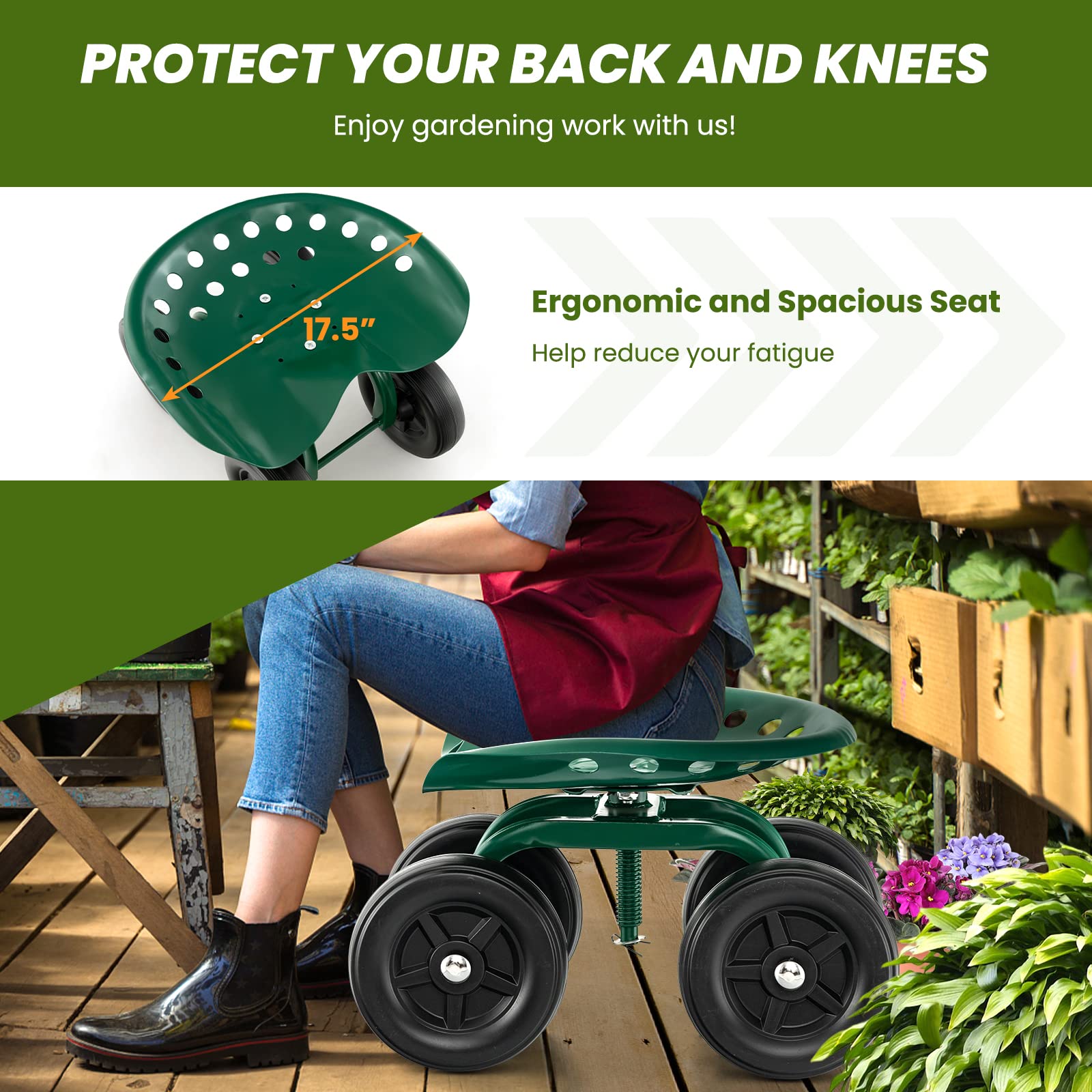 Giantex Garden Cart, Rolling Workseat with 4 Wheels, Garden Stool 360-degree Swivel Work Seat & Adjustable Heigh