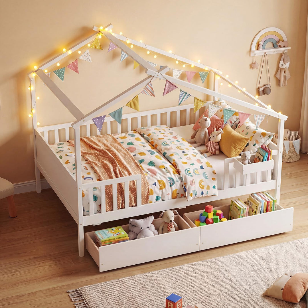 Giantex Full Size House Bed with Roof and Fence Rails for Kid