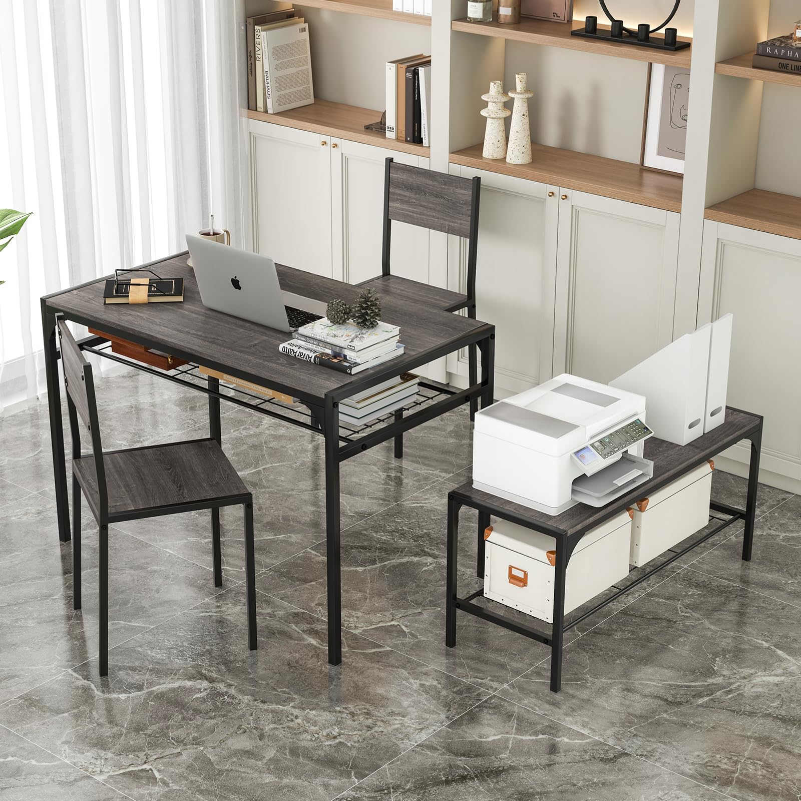 Giantex Dining Table Set for 4, Kitchen Table with Chairs & Bench, Storage Racks