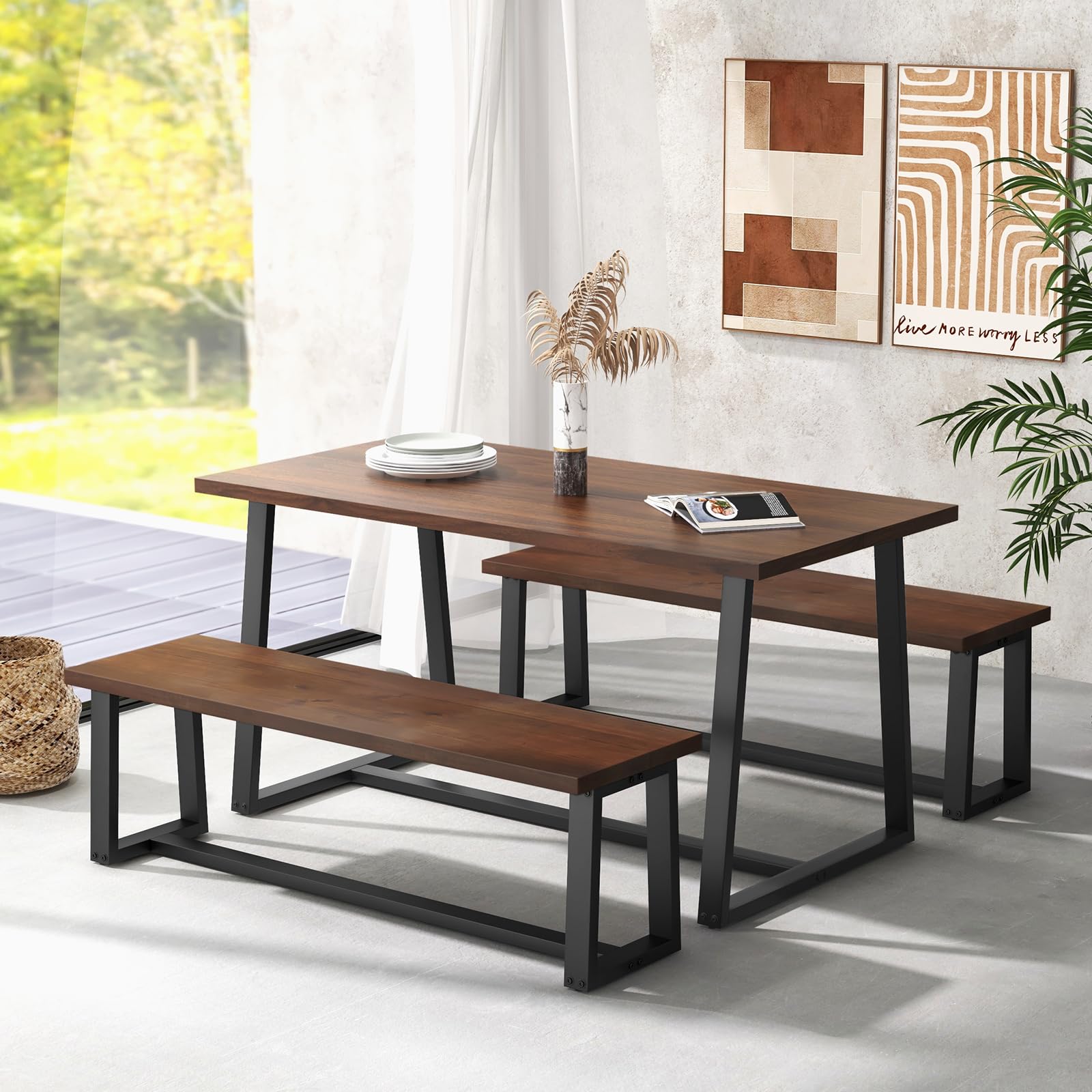 Giantex Dining Table Set for 4, 63” Table and 56.5” Benches Set for 4-6 People with Metal Frame