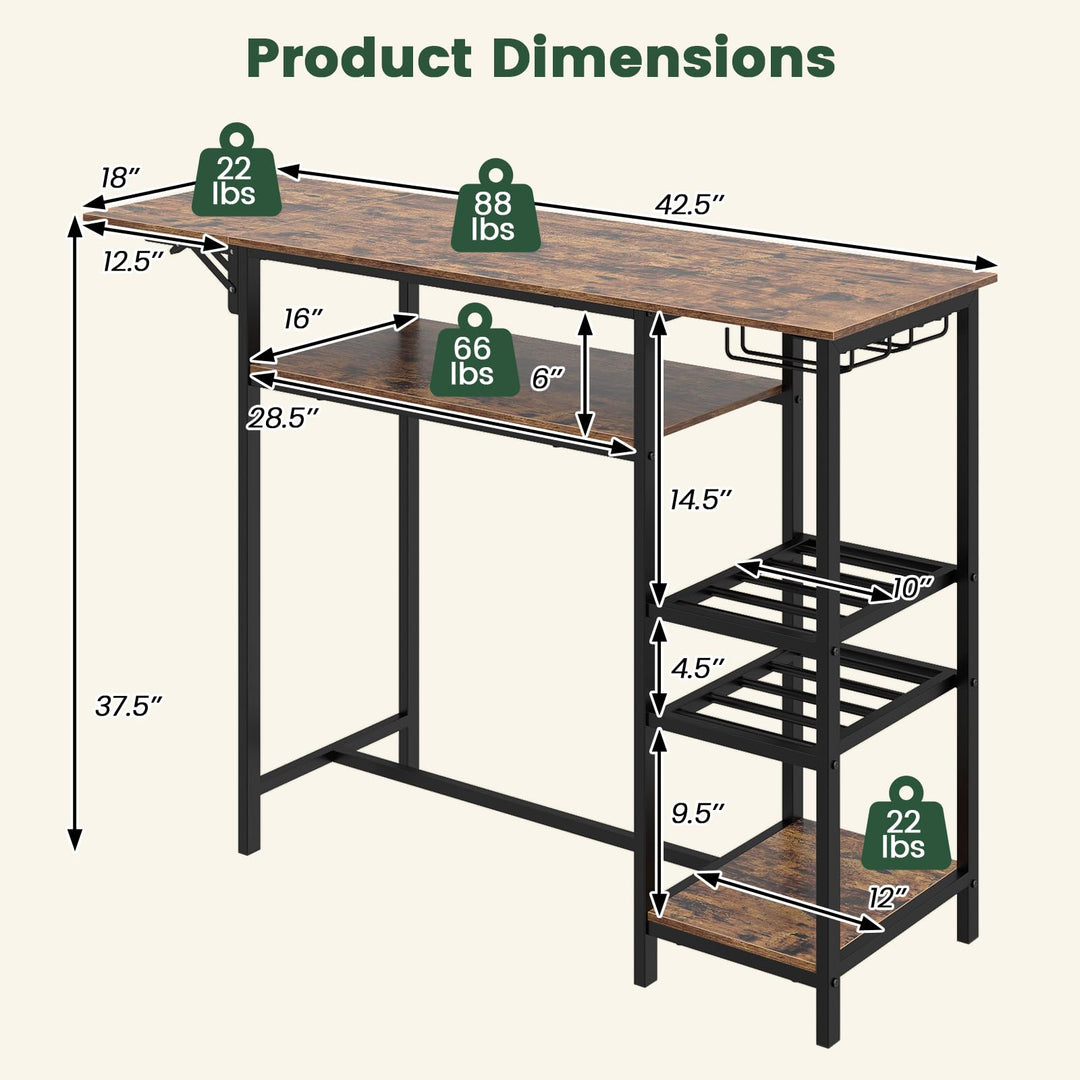 55" Drop-Leaf Counter Height Bar Table with LED Light and Remote Control for Small Space