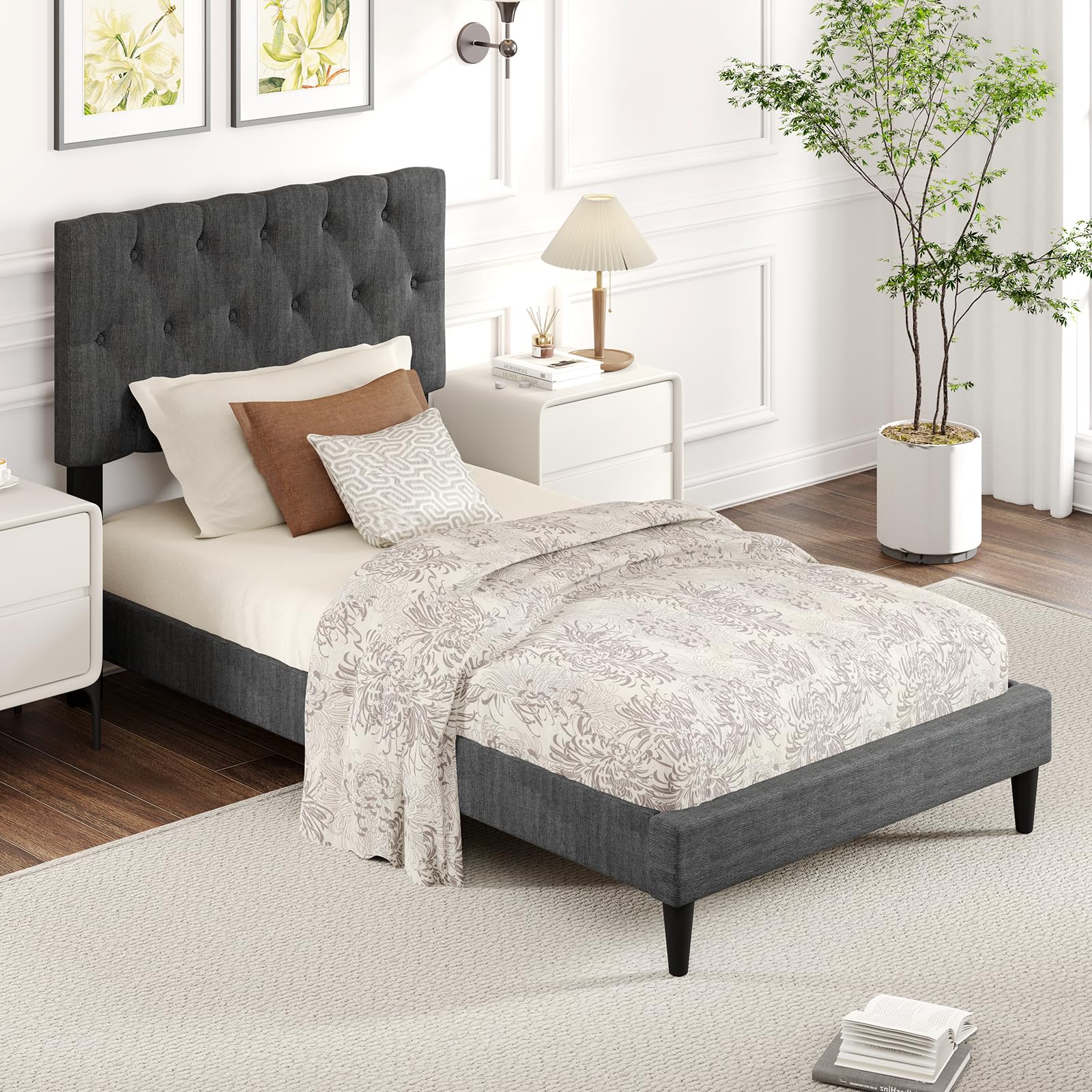Modern Upholstered Platform Bed Frame with Diamond Tufting Headboard