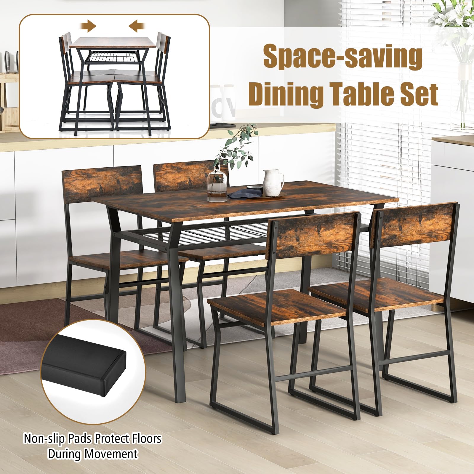 Giantex Dining Table Set for 4, 47”L x 28”W Rectangular Kitchen Table w/ 4 Trapezoid Chairs