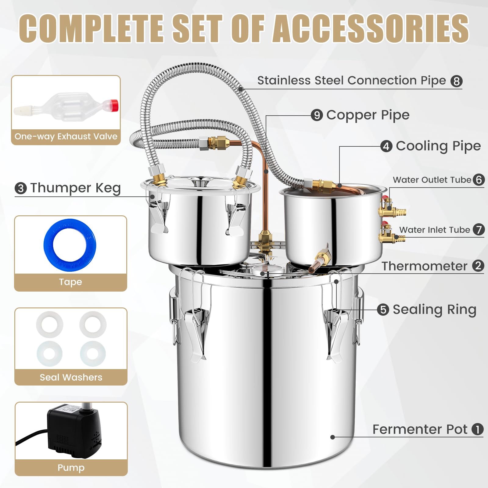 Giantex 5 or 10 Gal Alcohol Still, 3 Pots Stainless Steel Water, Alcohol, Oil Distiller Kit with Built-in Thermometer