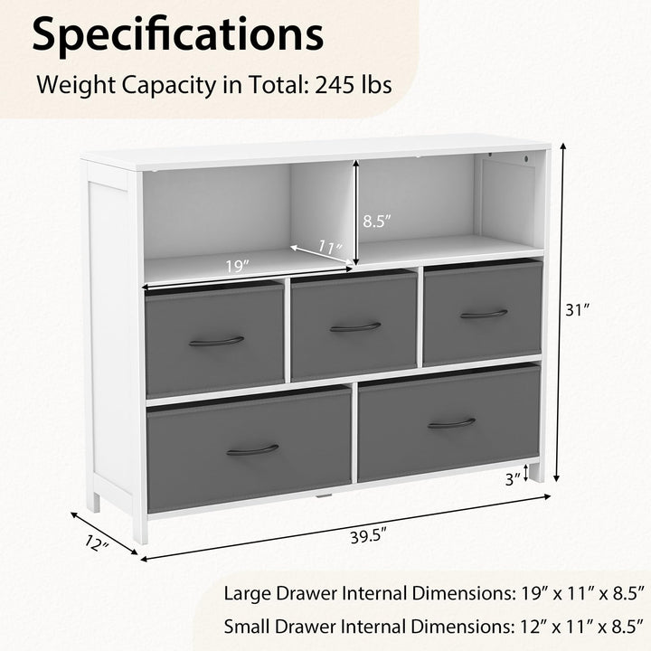 Giantex Storage Cabinet with 5 Drawers & 2 Cube Shelves, Chest of Drawers, Console Table, White & Grey