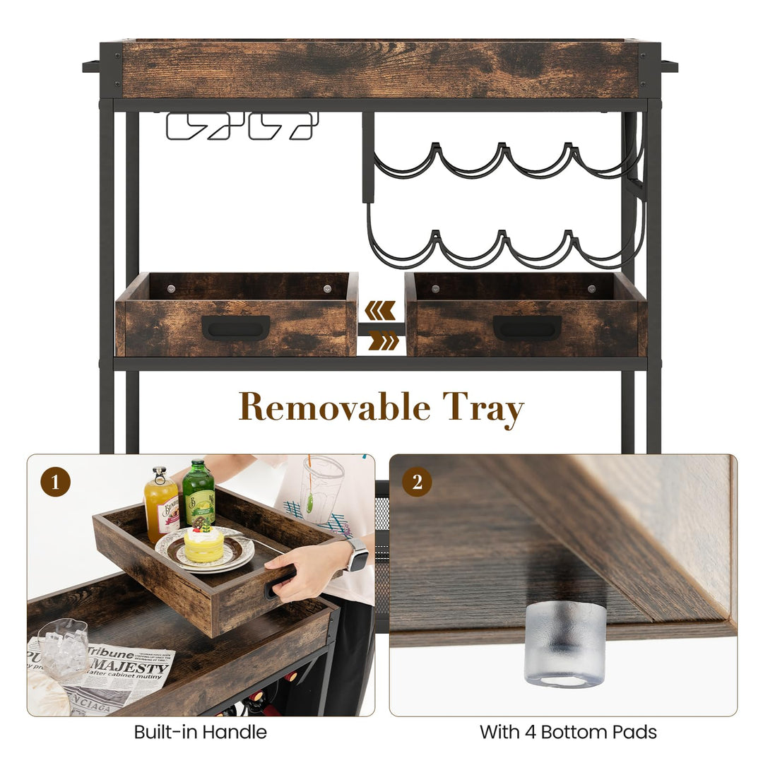 Giantex Rolling Bar Cart, 3-Tier Industrial Buffet Serving Cart with Wine Rack, Stemware Rack & Removable Tray